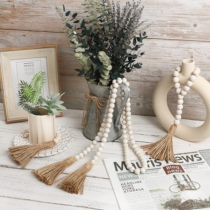 IMIKEYA Wooden Beads Garland: 3PCS Farmhouse Wood Bead Garland for Tiered Tray Farmhouse s Hanging Wood with Tassels Prayer Rustic s for Coffee Table Decor