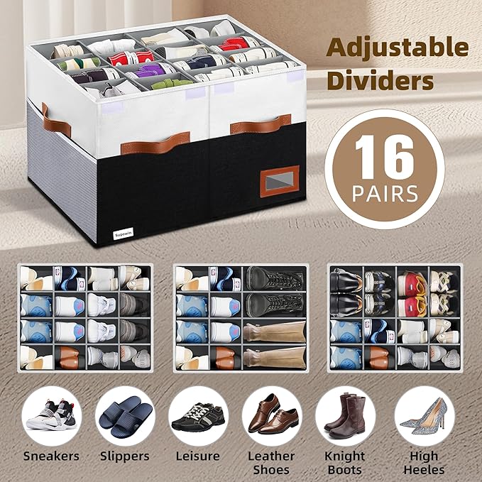 Shoe Organizer for Closet, Foldable Shoe Storage Bins with Lid & Adjustable Dividers, Fabric Shoe Box Storage Containers with Four Reinforced Handles, Fits 16 Pairs, 1 Pack, Black & White