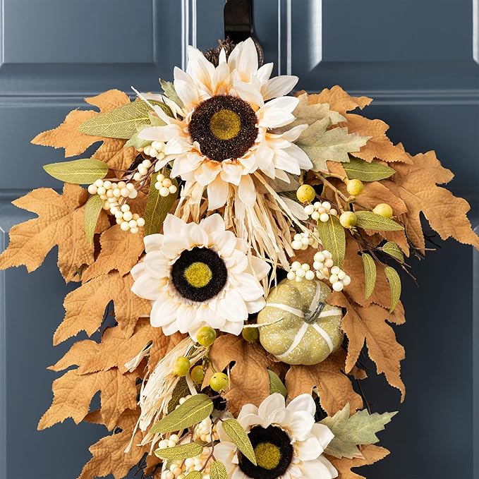Glitzhome Fall Teardrop Swags for Front Door, 28''H Autumn Swag with Neutral Sunflower, Pumpkin and Leaf, Fall Swags for Front Door, Thanksgiving Harvest Festivals Decor