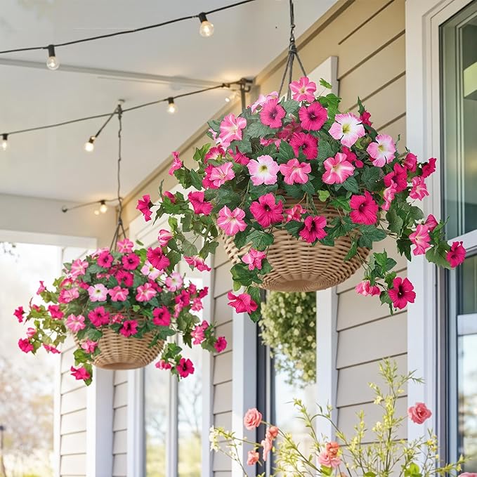 HyeFlora Artificial Flowers for Outdoors 2PCS Spring Faux Morning Glory Look Real Silk Flowers for Outside Planter UV Resistant Fake Flowers for Home Garden Balcony Yard Porch Deco (Pink)