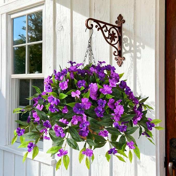 Artificial Fake Hanging Flowers Plants Basket for Outdoors Outside Decoration UV Resistant Faux Silk Flowers Look Real Plastic Flowers for Spring Planters Home Porch Patio Garden Decor(purple)