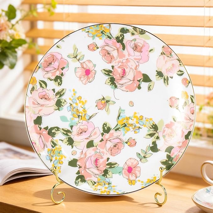 KAMMAK Ceramic Decorative Plate Set of 2, Porcelain Plates for Kitchen Dining Room Wine Cabinet Home Decor, Vintage Collector Plates with 2 Display Stand, Wild Rose (8-inch + 10.5-inch)