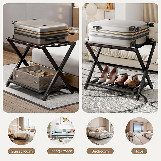26.77"L Luggage Rack for Guest Room - 1 Pack Full Assembled Luggage Rack Stand for Suitcases, Foldable Luggage Holders with Shoe Shelf, 5 Nylon Straps for Bedroom, Hotel (Black Bamboo Suitcase Stands)