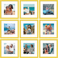 Vittanly 12x12 Picture Frames Set of 9, Shatter Resistant Plexiglass, Display 8x8 Pictures with Mat or 12x12 without Mat, Photo Frames for Wall Mount, Engineered Wood, Yellow
