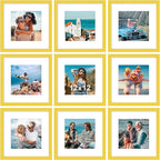 Vittanly 12x12 Picture Frames Set of 9, Shatter Resistant Plexiglass, Display 8x8 Pictures with Mat or 12x12 without Mat, Photo Frames for Wall Mount, Engineered Wood, Yellow