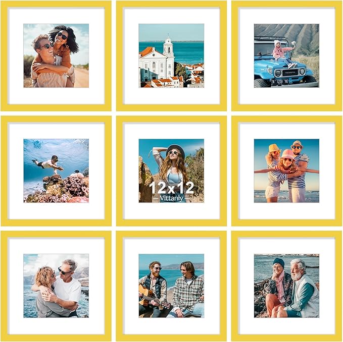 Vittanly 12x12 Picture Frames Set of 9, Shatter Resistant Plexiglass, Display 8x8 Pictures with Mat or 12x12 without Mat, Photo Frames for Wall Mount, Engineered Wood, Yellow