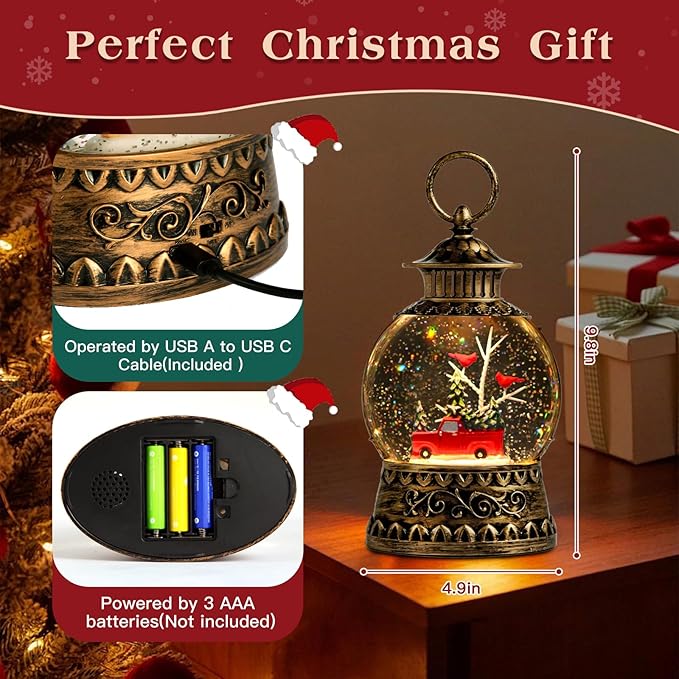 Christmas Snow Globe, Red Truck Musical Snow Globe Lantern Lights with 6H Timer Battery & USB Powered, Retro Style Holiday Glitter Globe for Xmas Home Decoration Holiday Party Gifts