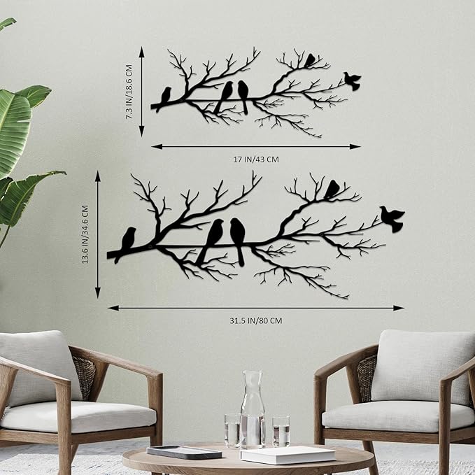 ESTART Metal Birds Wall Art, Metal Vivid Birds on Branch Silhouette Wall Decor Black Leaves with Bird Outdoor Hanging Wall Sculpture for Home Balcony Garden (Small)