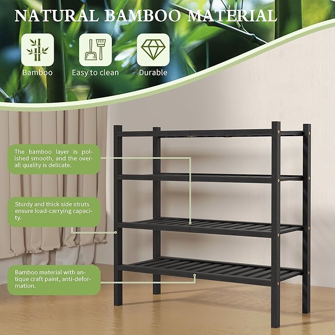 4 Tier (Thick) Bamboo Shoe Rack for Closet Free Standing Wood Shoe Shelf for Entryway Small Space Stackable 27"x12"x28" (Blackl)