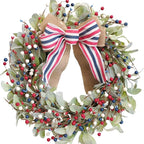 TEMPUS 20" Patriotic Wreath for Front Door - 4th of July Independence Day Decor with Red White Blue Berries & Lamb's Leaves - Memorial Day Labor Day Home Decoration