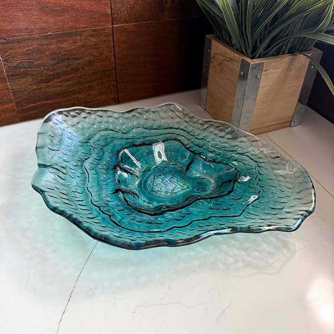 Things2Die4 Decorative Oyster Shaped Plate, 13 X 10 Inch Iridescent Sea Blue Glass Decorative Plate for Coastal Tabletop Display, Nautical Accent Dish for Entryway or Living Room