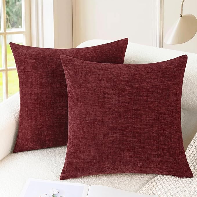 CaliTime Christmas Throw Pillow Covers Decorative 16 X 16 Inches Pack of 2 Cozy Chenille Cushion Cases for Couch Sofa Bed Living Room Home Burgundy