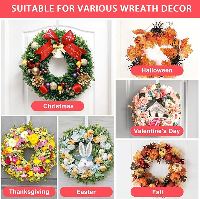 12” Metal Over the Door Wreath Hanger for Front Door, 2 Pack Non-Scratch Door Hook for Hanging Christmas Wreaths, Holiday Decor & Welcome Signs, Durable Wreath Hanger Hooks for Home Decoration, White