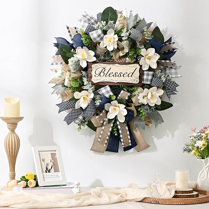 Waipfaru Spring Summer Wreaths for Front Door, 22 Inch Magnolia Wreath with Eucalyptus & Blue Grey Burlap Bow, Front Door Wreath for Farmhouse Porch Outdoor Decor Outside All Season (1 Pcs)