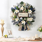 Waipfaru Magnolia Wreaths for Front Door, 22 Inch Spring Summer Wreath with Eucalyptus & Blue Grey Burlap Bow, Year Round Wreaths for Porch Farmhouse Patio Door Decor All Season (2 Pcs)