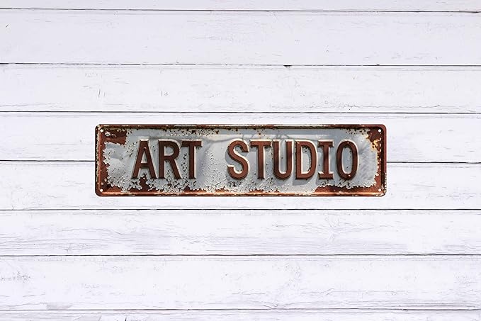 Rustic Art Studio Metal Tin Sign 4x16 In Vintage Round Wall Decor with Blue & Red for Office Bar Cafe Garage Bathroom Bedroom Decor