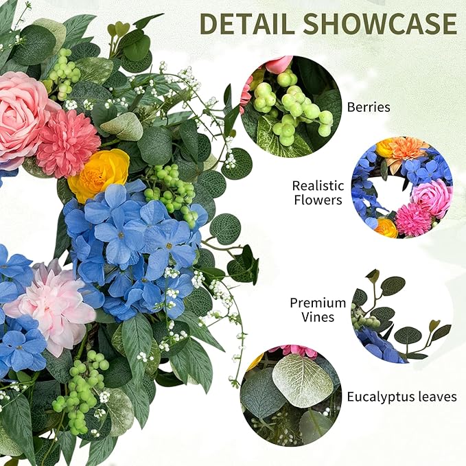Spring Wreaths for Front Door 24 Inch, Spring Summer Front Door Wreath with Hydrangea & Eucalyptus, Artificial Floral Wreath for Porch Garden Patio Wall Window Indoor Outdoor Home Decor