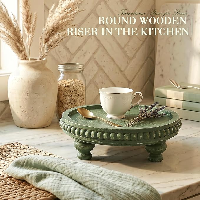 EOSAHR Round Pine Wooden Riser for Home Decor - Beaded Decorative Tray for Coffee Table - Wood Riser for Small Plant Stand & Sink Sponge Holder, Perfume Display Stand (Green)