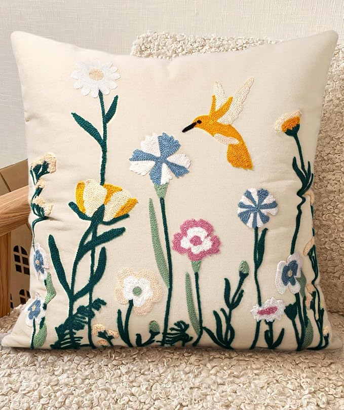Embroidered Throw Pillow Cover 18x18 Inch - Spring Summer Boho Decorative Pillow Cover with Zipper for Living Room Couch Sofa Bed Aesthetic Design Flower Bird Cushion Pillowcase
