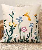 Embroidered Throw Pillow Cover 18x18 Inch - Spring Summer Boho Decorative Pillow Cover with Zipper for Living Room Couch Sofa Bed Aesthetic Design Flower Bird Cushion Pillowcase