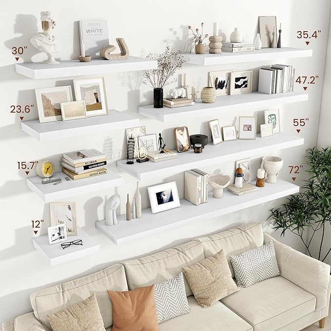 Vivelove 24/36/48/12 Inch Floating Shelves for Wall, 12 Deep Shelves for Room Wall Mounted, 2" Thick Floating Shelf for Living Room Bedroom Bathroom Kitchen Laundry Room, Set of 2 White