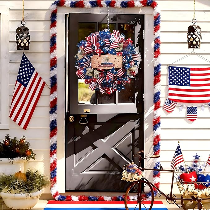 250th Anniversary Patriotic Wreath, 4th of July Wreaths for Front Door with Wooden Eagle Door Sign & Red White Blue Ribbon for Independence Day Memorial Day Patriotic Decorations(18In, 1Pcs)