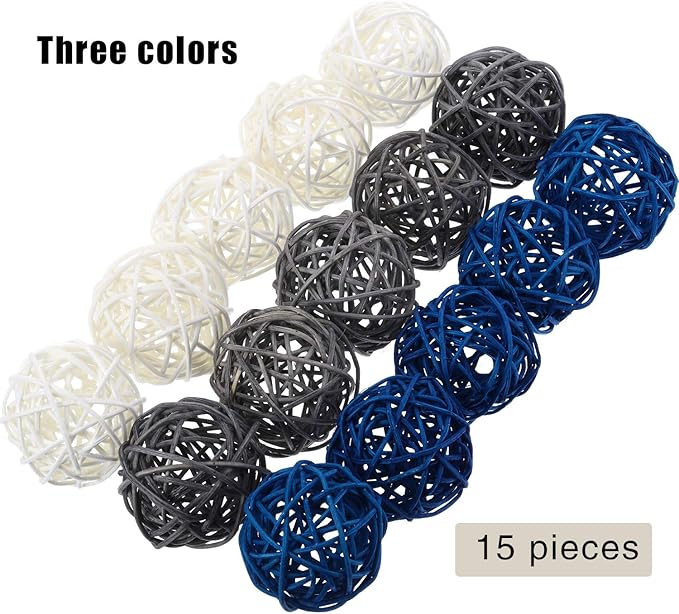 Yaomiao 15 Pieces Vase Filler Rattan Balls Decorative for Craft, Party, Wedding Table Decoration, Aromatherapy Accessories, 1.8 Inch(Blue Gray White)