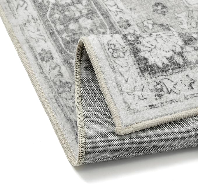 Gray 8x10 Area Rug Washable Vintage Living Room Carpet Non Slip Retro Distressed Low Pile Soft Oriental Medallion Thin Large Grey Throw Rug for Office Bedroom Dining Room Playroom