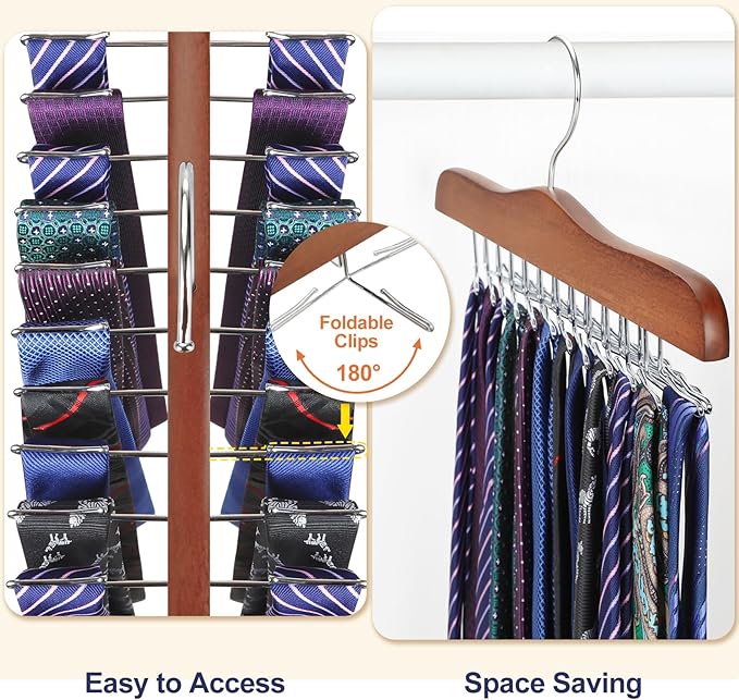 TOPIA HANGER Tie Rack Hanger for Closet 2 Packs, Wooden Tie Organizer for Men with 24 Folding Hooks, Space Saving Necktie Holder for Storage and Display Bra, Tank Top, Camisole (Walnut)-CT14WA-2