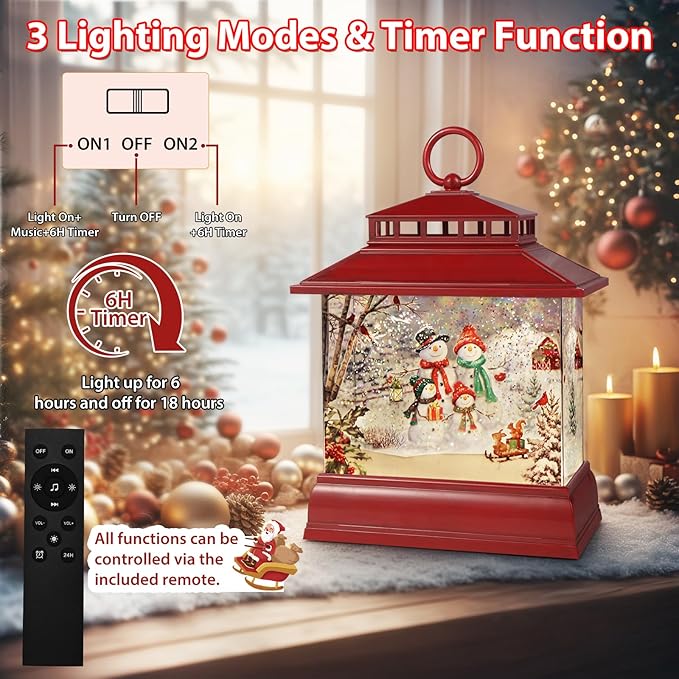 Christmas Snow Globe Lantern Water Glittering Lantern with 8 Songs & 6H Timer Romote Control Christmas Snow Globes USB & Battery Operated for Christmas Festival Decorations Gifts (Snowman Family)