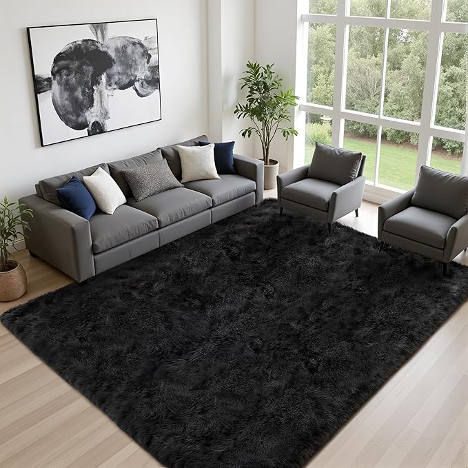 8x10 Area Rugs for Living Room Bedroom: Ultra Soft Fluffy Shag Rug Upgrade Non-Slip Non-Shedding Large Fuzzy Plush Carpet Indoor Floor Carpets for Kids Room Playroom Nursery Dorms Home Decor Black