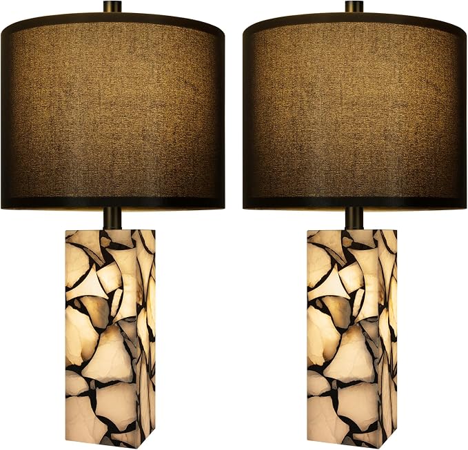 Scenekoy 23" Alabaster Table Lamps Set of 2 with Night Light for Living Room, Rotary Switch, Black Modern Table Lamp with Black Linen Shade, Nightstand Lamp for Bedroom Bedside Office (Bulb Included)