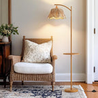 Oneach 63.5" Floor Lamp with Table for Living Room, Boho Rattan Standing Lamps with Foot Switch, Farmhouse Floor Lamp for Bedroom, Arc Tall Lamp with Metal Base&Pole, Bulb not Included, Woodgrain