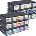 Under Bed Storage Containers, 6 Pack Blanket Storage Bags, Collapsible Storage Bags with Big Zippers, Clear Front, Shoe Storage and Organization for Clothes, Comforter, 90L, Grey