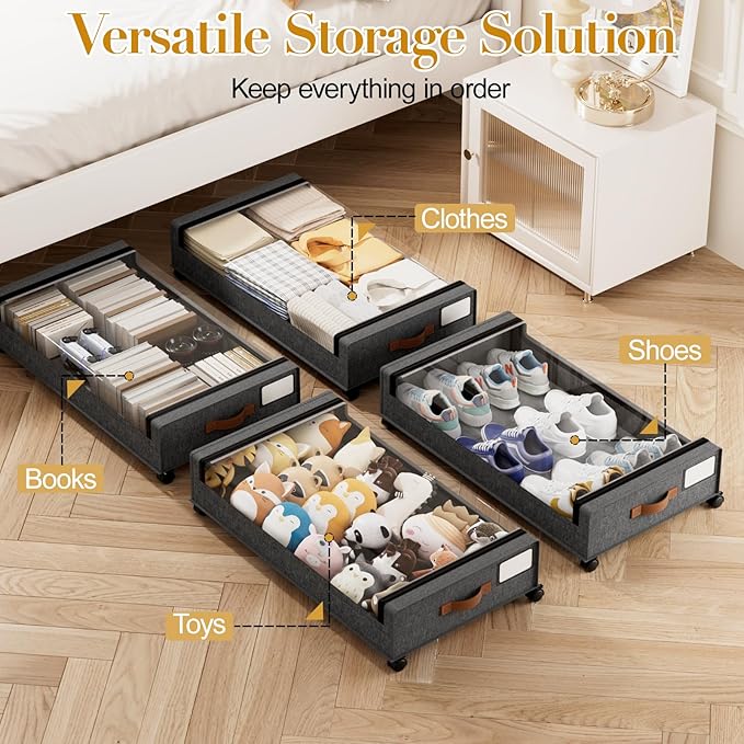 Yecaye Under Bed Storage with Wheels, 2 Pack Under the Bed Storage Containers with Lids & Label, XXL 60L Rolling Underbed Storage Drawers for Clothes, Blankets, Shoes, Hemp Gray