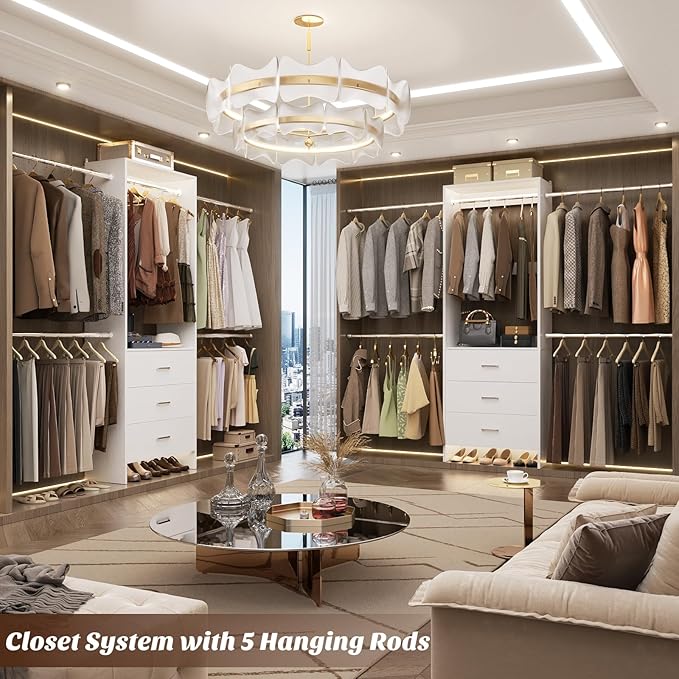 Aheaplus Closet System, Closet Organizer with 3 Wooden Drawers, Closet Organizer System, Walk-in Closet Wardrobe Clothes Rack with 4 Hanging Rods, Garment Rack, -4R, White