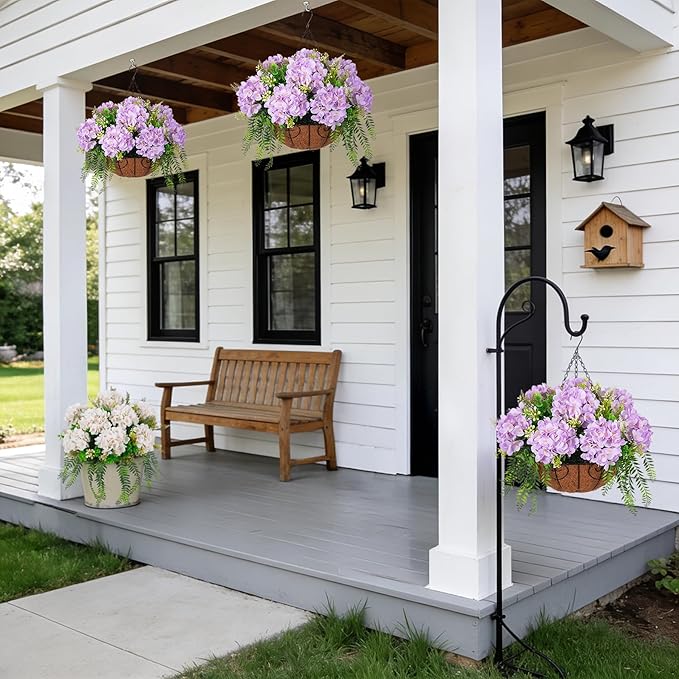Artificial Flowers in Hanging Basket Planter for Home Spring Summer Decoration, Silk Hydrangea Outdoor Indoor Arrangements, 12" Metal Coconut Lining Basket with Faux Plant(Light Purple)