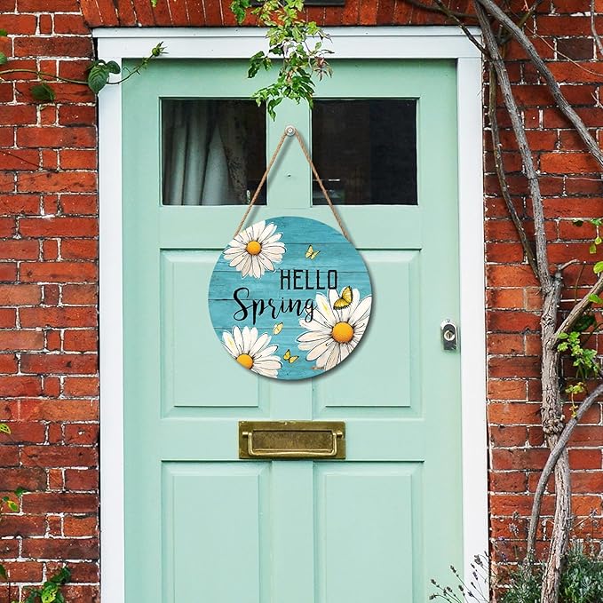 Spring Summer Daisy Flower Sign for Front Door Hello Spring Wall Hanging Sign 12"x12" Welcome Butterfly Wood Door Hanger Farmhouse Rustic Blue Floral Wreath Sign for Home Outdoor Outside Porch Decor