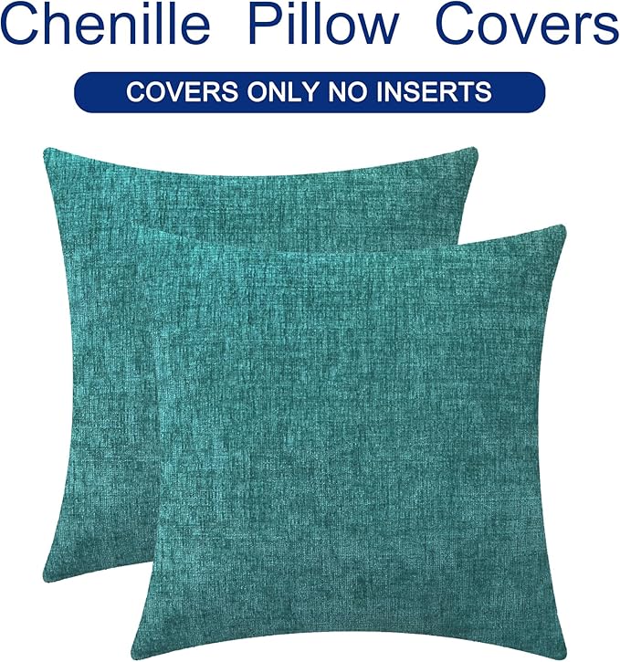 CaliTime Throw Pillow Covers Decorative 18 X 18 Inches Pack of 2 Cozy Chenille Cushion Cases for Couch Sofa Bed Living Room Home Teal