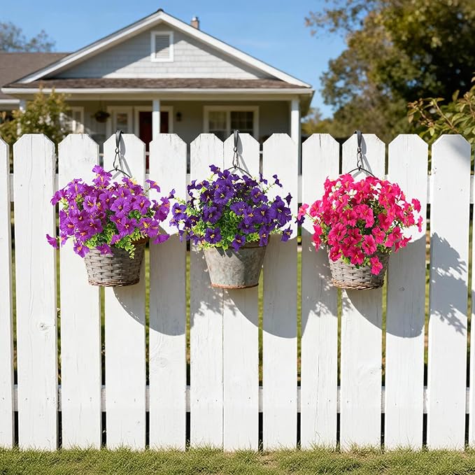 Artificial Fake Petunias Flowers for Outdoors Spring Decoration, 12 Bundles Faux Flower Plants UV Resistant Realistic Silk Flower for Outside Planters Patio Porch Yard Window Box (3 Mix Colors)