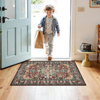 U'Artlines 2x3 Washable Boho Area Rug, Small Non Slip Vintage Doormat for Indoor Front Door Ultra Thin Mat Carpet for Entryway Kitchen Bathroom Bedroom Rust＆Teal