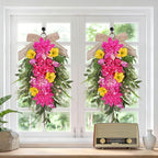 2 Pcs Pink Teardrop Swag Wreaths for Front Door 23.6" Hydrangea Floral Swag Wreath with Dahlia Tulip Summer Spring Swags for Front Door Porch Wall Window Farmhouse Decorations