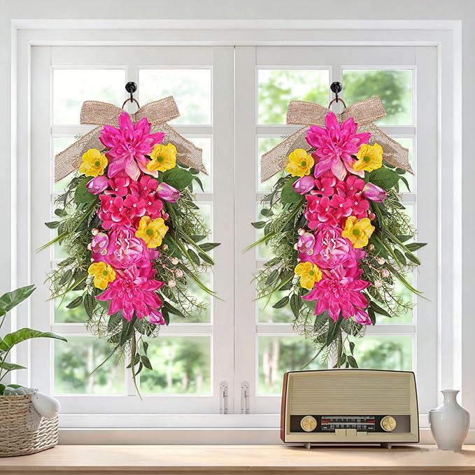 2 Pcs Pink Teardrop Swag Wreaths for Front Door 23.6" Hydrangea Floral Swag Wreath with Dahlia Tulip Summer Spring Swags for Front Door Porch Wall Window Farmhouse Decorations