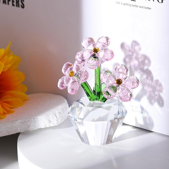 Qianwei Pink Forget Me Not Crystal Flowers - Sympathy Glass Flowers Collectible Figurines Decor Paperweight Ornament Home Office Table Desk Decorations