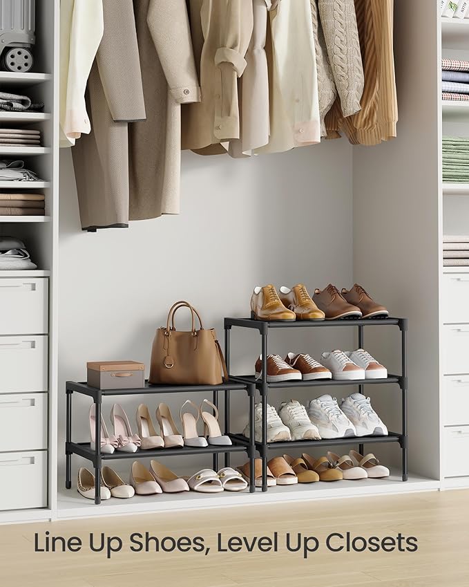 SONGMICS Shoe Rack, 2-Tier Shoe Storage Organizer, Space-Saving, 11.7 x 16.5 x 12.2 Inches, Entryway, Metal Frame, Non-Woven Fabric Shelves, Ink Black ULSH012BH01