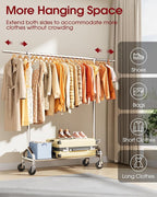Heavy Duty Clothes Rack - Garment Rack with Extendable Side Rods & Bottom Shoe Shelf, 25mm Stainless Steel Frame with Wheels, 49.8–74.8'' x 62.6'' x 16.5'', Silver