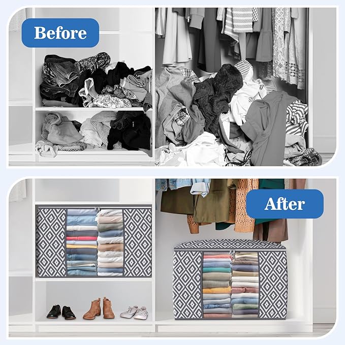 Direct 100L, 6 Pack, Storage Containers, Large Clothes Storage Bins Foldable Organization and Storage Bags with Reinforced Handle, Clear Window for Bedding, Blankets, Clothing, Grey