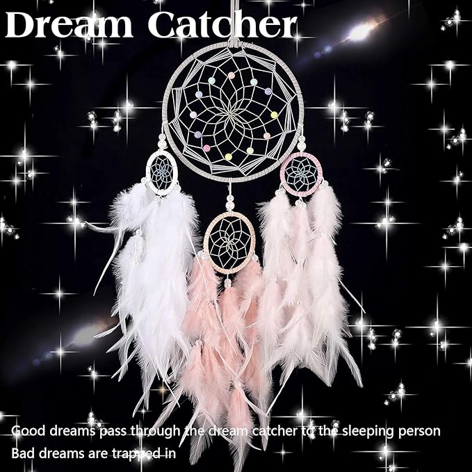 Dream Catcher for Girl Pink, Handmade Romantic Unique Dreamcatcher Beads and Feathers Wall Hanging Ornament Gift for Bedroom