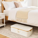 StorageWorks Underbed Storage Box with Bamboo Frame, 42L Flip-Top Under Bed Container for Blankets, Bed Sheets, Coverlets and Towels, Beige