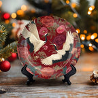 HABEN ARTWORK 10" Ceramic Plates for Display Elegant Cranes Floral Garden Rich Red Decorative Plate with Stand and Hook for Kitchen Dining Room Wall Hanging Decor